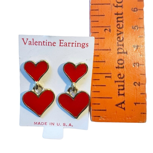 Drop Dangle Red Enameled Heart Earrings Pierced Ears - Picture 2 of 3